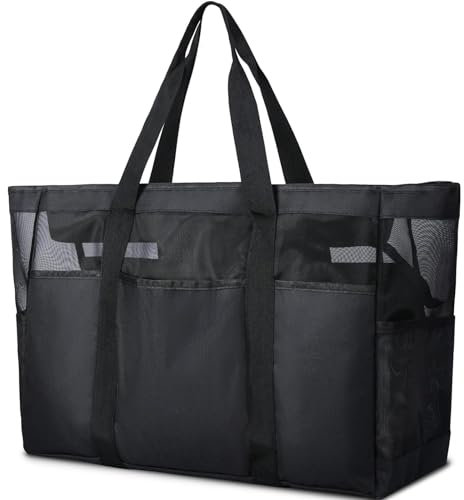 MULEVIP Grand Sac de Plage XXL Extra Large Famille, Cabas Femme avec Poignée et Poche Intérieure pour Plage, Piscine, Gymnase, Voyage - Rayure Noir