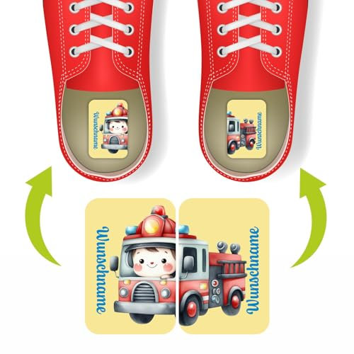 Namensaufkleber Set für Schuhe - individuell personalisierte Etiketten mit Wunschname -links rechts Aufkleber - Kinder Aufkleber mit Wunschtext für Schuhe (Feuerwehrmann)