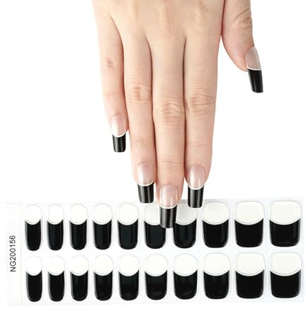 DMQ Semi Cured Gel Nails Strips, 22 Stickers Black French Nail Wraps Soft Self-Adhesive Gel Nail Stickers, Long-Lasting Nail Gel Strips for Women Girls Nails Manicure - UV/LED Lamp Required