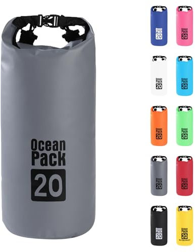 20L Grau Wasserdichte Tasche, Dry Bag 2L/5L/10L/15L/20L/30L mit Verstellbarem Gurt, Schützt Telefon/Karte, Roll Top Wasserdichter Beutel Rucksack für Schwimmen/Rafting/Kajak/Bootfahren/Camping/Strand