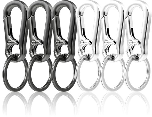 SPOKKI 6 Pcs Mousqueton Porte Clé en Métal, Amovible Mousqueton Fixation Porte-clés pour Accrocher dans Le Sac à Dos, Porte Clef Mousqueton Antirouille de Haute Qualité(3 Gris-Noir + 3 Argent)