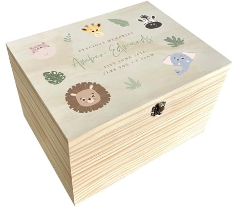 Personalised Jungle Animals Baby Keepsake Box Pine Wood For newborns & new parents; baby shower present ; godparent present; jungle nursery keepsake; first memories | W16cm x D11cm x H9cm