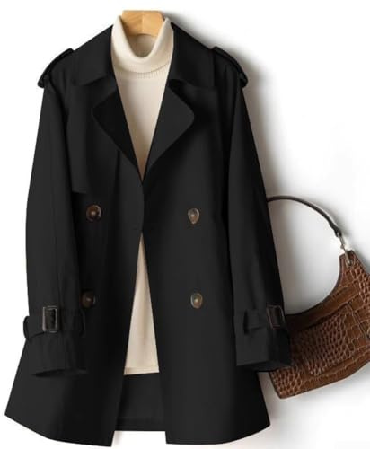 Elegante giacca autunnale da donna di media lunghezza giacca a vento trench per look, Nero , L
