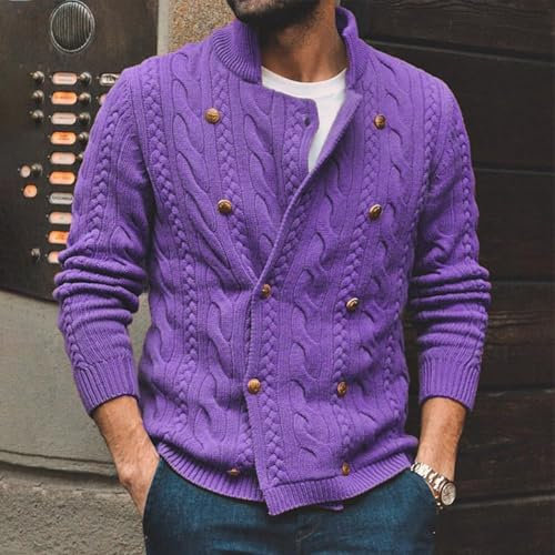 Lastdaytime Cardigan a doppio petto casual da uomo a maniche lunghe lavorato a maglia maglione per autunno e inverno (M viola)