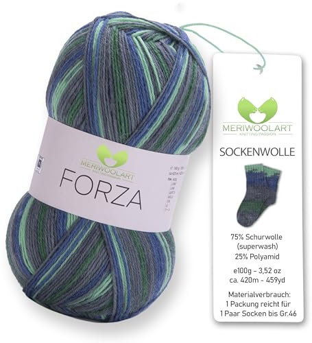 MeriWoolArt® Sockenwolle 4-fädig – 100g Merino Wolle Garn zum Stricken & Häkeln, 75% Schurwolle (superwash), 25% Polyamid, 420m – Ideal für Socken für Herren und Damen, Pullover & Cardigans 2506