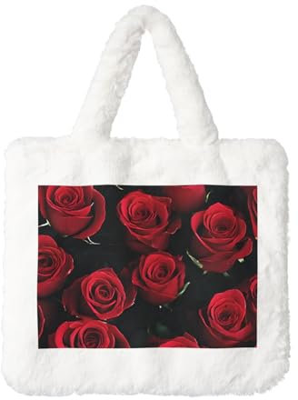 ESNAIUVCD Sac à main en peluche avec imprimé rose rouge et noir - Sac à bandoulière moelleux pour femme - Sac fourre-tout en fourrure, blanc, Taille unique