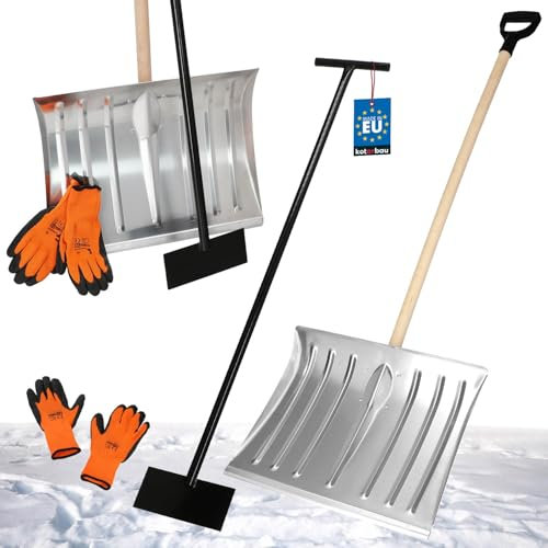 KOTARBAU® Set Schneeschaufel mit Holzstiel 137 cm Eisschaber 119 x 20 cm + Handschuhe warm Schneeschieber Schneeräumer Aluminium Schneeschaufel Auto Stoßscharre mit Stiel Schaufel mit Stiel