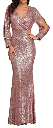 Generisch Abito da sera con coda di pesce, ricamato, senza maniche, scollo a V, per matrimonio, damigella d'onore, lungo fino a terra, ballo, abito da ballo bianco, Colore: rosa., XXL