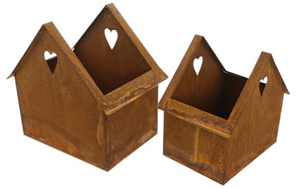 FRANK FLECHTWAREN Pflanzer Rost-Haus 2er Set, Metall bepflanzbar Gartendeko | Pflanzer in Hausform aus Metall mit Rostfinish und Herzausstanzungen, mit Folie bepflanzbar, zwei Größen