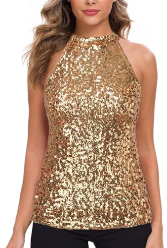Neckholder-Top mit Pailletten Damen Pailletten Tanktop Ärmellos Glitzertop Party Oberteil Perlen Weste Sparkly Tops Glitzernde Oberteile Halfter Tanktop Glitzernde Party Weste