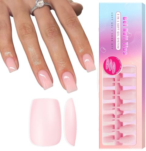 SXVME Soft Pre-Colored Acrylic Nail Tips, Pink False Nails Medium Short Square, Solid Color Matte Gel Press on Nails Short Coffin Full Cover Artificial Fake Nail Extensions for Women DIY 300 Pcs