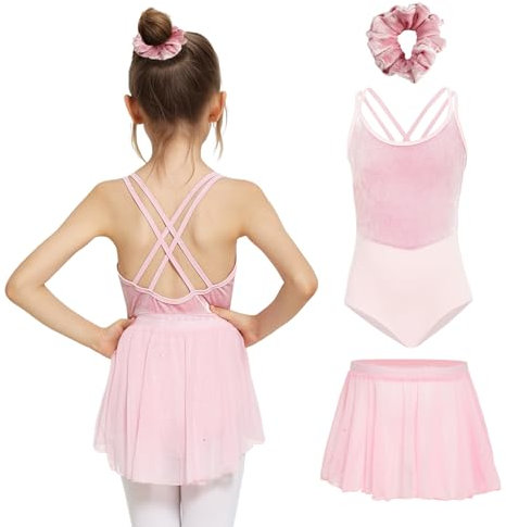 JiAmy Ballettkleid Mädchen ärmellos Ballettkleidung Kinder Glitzer Balletttrikot Tanzkleid mit Abnehmbarem Chiffon Rock Tütü und einem Haarband für 7-8 Jahre,Rose