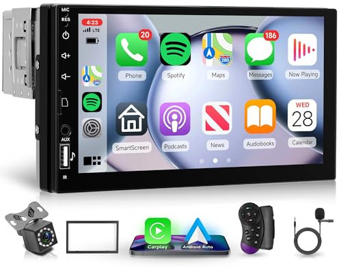 Inalámbrico Carplay Radio de Coche 1 DIN con Inalámbrico Android Auto iOS/Android Mirror Link 7 Pulgadas Touchscreen Radio Coche con Bluetooth FM Radio USB/AUX/EQ Comandos al Volante Cámara Trasera
