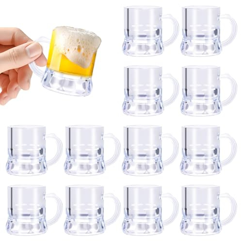SAIAOKJ 12 Pcs 1oz Mini Plastic Beer Mugs Clear Plastic Shot Glasses with Handles Reusable Beer Stein Tasting Glasses