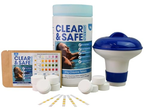 Clear & Safe 1kg (50 x 20g) Chlorine Tablets & Floating Dispenser & Pack of 25 4-in-1 Test Strips