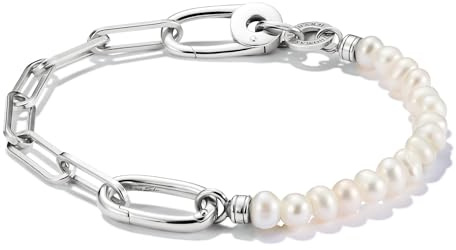 Silver Charm Bracelet with Paperclip Chain & Freshwater Pearls - Recycled 925 Sterling Silver with Connect Link, 17.00 cm, Recycled 925 silver, cultured freshwater pearl