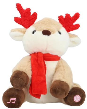 Tomotato Plüsch Ren mit Licht und Musik, Animatierte Weihnachtsdekoration mit integrierten Weihnachtsliedern, 25cm weiches kuscheliges Stofftier für Kinderzimmer, Wohnzimmer oder F