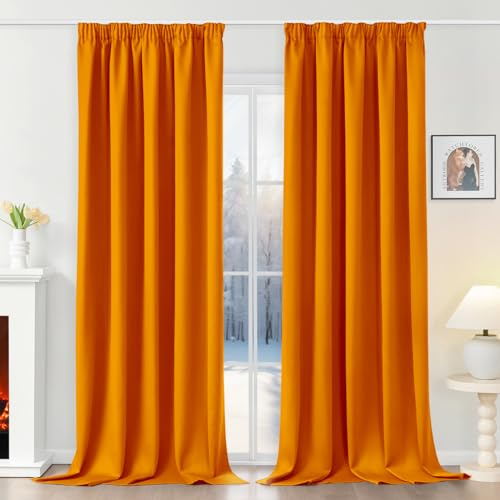 Runyéla Vorhänge Blickdicht mit Kräuselband Thermovorhänge Kälteschutz | 260Hx140Bcm,Orange,2er Set,Verdunkelungsvorhänge für Schienensystem,Gardinen für Wohnzimmer,Blackout Curtain