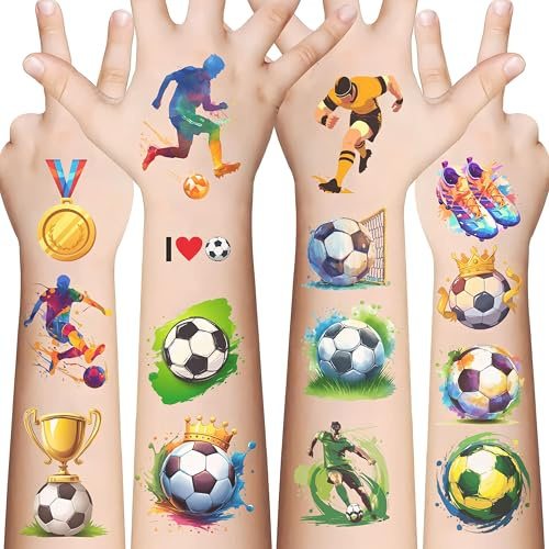 Temporäre Fußball Tattoos für Kinder – 10 Blätter Tattoo Aufkleber für Mädchen und Jungen, Wasserfeste Tattoos, Fußball Party Mitgebsel, Geburtstagsgeschenke & Dekoration