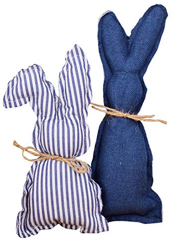 Hasen Figuren Groß hase Figur 2er Set Stoff Kariert Design Blau Beige Gelb Dekoration für Tisch Party Haus 1.97x9.45inches (5x24cm) 02 Blue,White