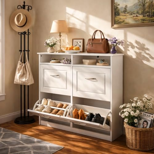 DUMOS Schuhschrank Schmal mit 4 Klappen, Platzsparend Shoe Cabinet, Schuhkipper, Schuhkommode Geeignet für Flure, Eingangsbereiche, Wohnzimmer und Schlafzimmer, 104 x 89 x 23 cm Weiß