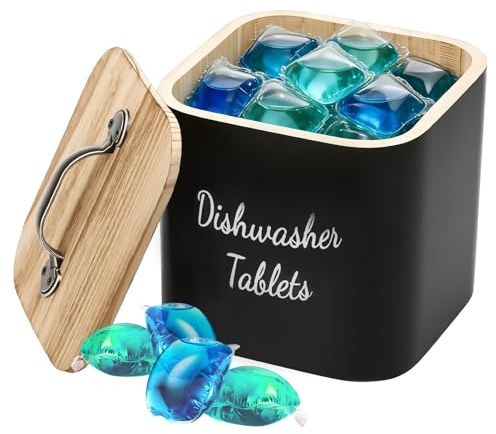 GWCYMYD Dishwasher Tablet Storage Box, Vintage Wooden Under Sink Canister, Rustic Kitchen Caddy Container with Handle Lid for Home Décor & Worktop Organisation(Black)