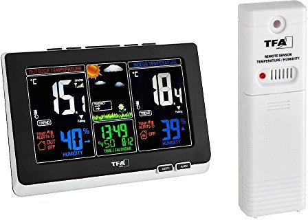 TFA Dostmann Spring Funk-Wetterstation, farbig animierter Wettervorhersage, lokaler Wetterprognose, ideal zur Raumklimakontrolle mit Temperatur und Luftfeuchtigkeit (schwarz mit Batterien)