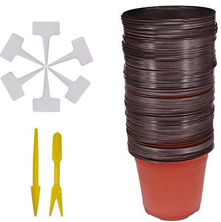 Huvai 50 Pcs 6 (15CM ) Plastic Seedlings Plants Nursery Pots with 50 Pcs Waterproof Plastic T-Type Plant Tags and 2Pcs/Set Transplanting Digging Mini Tools