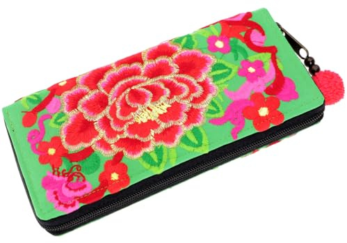 GURU SHOP Besticktes Ethno Portemonnaie Chiang Mai - Grün, Unisex - Erwachsene, 10x20x3 cm