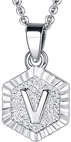 FOCALOOK Damen Collier Buchstabe V trendig Schmuck platiniert Hexagon Tag Anhänger mit 50+5cm Rolokette Silber Anfangsbuchstabe Halskette für Frauen Mädchen