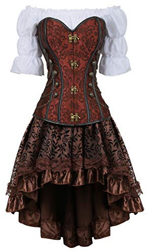 Grebrafan Steampunk Corsage Halloween Kostüm Karneval Taillen Korsett mit Piraten Rock und Bluse (EUR(34-36) M, Braun)
