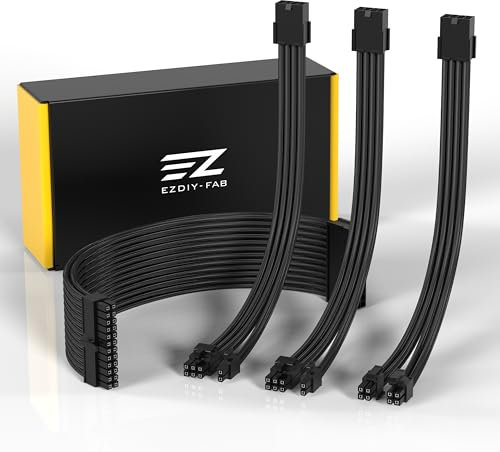 EZDIY-FAB PSU Cable Extension Sleeved Custom Cable for PC Power Supply,Soft Nylon Braided with Comb Kit 24PIN/8PIN to 6+2Pin/ 8PIN to 4+4PIN-30CM 300MM - Black