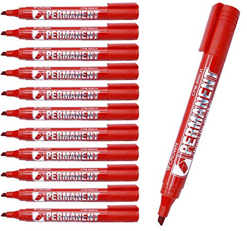 CROWN Permanent Markers Chisel Tip Markers - Pack Of 12 - Permanent Ink - Red - 2mm-5mm Line
