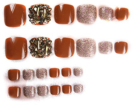 24Pcs False Toe Nails Wine Red Silver Flash Golden Decoration Square Short Full Cover Nails Toenails Accessories