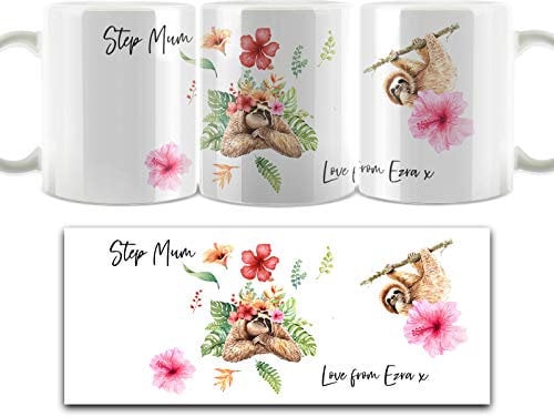 Hairyworm Personalised Mug and Belgian Milk Chocolate/Hot Chocolate Stirrer Marshmallow Gift Set, Customised with Name/Initials, (11oz) White, Yellow, Blue, Black, Pink Mug with Sloth Flowers Design