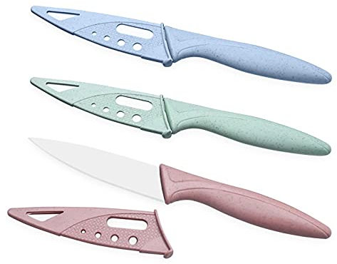 3 Sharp and Durable Fruit Knife Set, Exquisite and Beautiful, with Scabbard, Small Knives Suitable for Most Vegetables, Fruits and Meat (Pink, Blue, Green)
