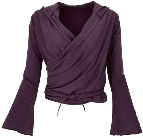 GURU SHOP Wickelshirt, Yogashirt, Langarmshirt mit Trompetenärmeln - Aubergine, Damen, Baumwolle, Size:M
