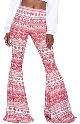 Nuofengkudu Pantaloni A Zampa Donna Elasticizzati Vita Alta Lunga Fiori Stampa Gamba Larga Leggings Snellenti Pantalone Flare Palazzo Pants Eleganti Moda Festa Streetwear Polvere di Rosa L