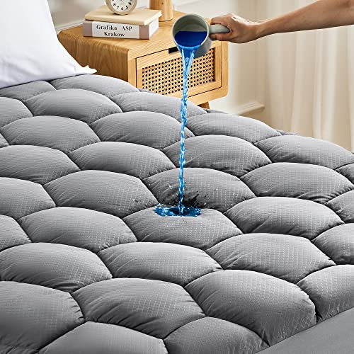 SONIVE Waterproof Mattress Topper Ultra Fluffy Soft Pad Breathable Noiseless Fitted Mattress Thick Protector Premium Alternative Filling Topper for King Bed, Grey 150x200cm