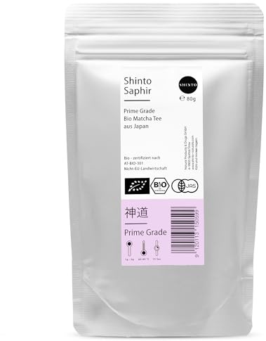 Shinto - Bio Matcha Pulver Saphir - angenehm spürbares Umami - Ceremonial Matcha Tee beschattet & handgepflückt - florales Aroma mit feiner Frische - Direktimport aus Uji Japan - 80g Aromabeutel