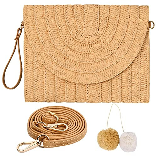 Kioiner Sac a Main Paille Femme, Sac Paille, Pochette Paille, Sac Boheme Femme, Sac en Rotin, Sac en Osier 27 x 20 cm