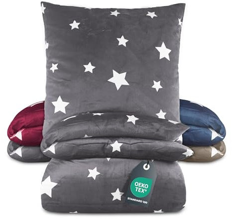 BaSaTex Winter Plüsch Bettwäsche Set Sterne Nicky-Teddy Cashmere-Touch | 135x200 155x220 + 80x80 Kissenbezug | Größe: 155x220 | Farbe: Anthrazit