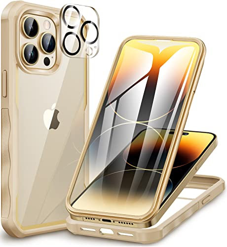 CENHUFO für iPhone 14 Pro Hülle, 360 Grad Schutzhülle mit Eingebautem Panzerglas Displayschutz und Kameraschutz Stoßfest Panzerhülle Bumper Full Cover Case Handyhülle für iPhone 14 Pro -Beige/Gold