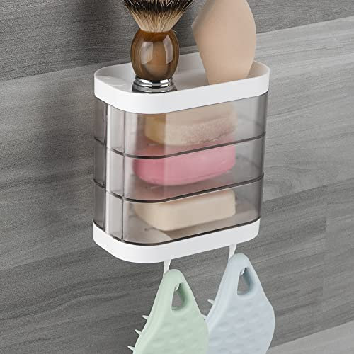 Linkidea Wall Mounted 3 Layers Soap Dish with 2 Hooks,180 Degree Rotating Soap Holder, Waterproof Dustproof Storage Organizer Rack for Bathroom Shower Room Kitchen (Clear)