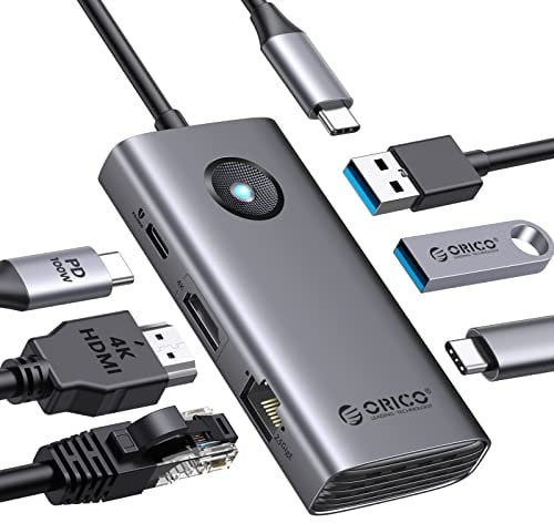 Docking Station, ORICO 6 in 1 USB C Hub mit 4K HDMI, 2.5G Ethernet, PD 100 W, 2 USB-A 3.0 Ports, 1 USB-C 3.0 Port, 5 Gbit/s, USB C Multiport Adapter für Windows Mac