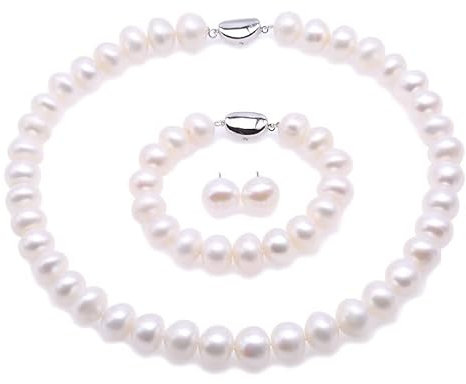 JYX Perlenketten Set 12-13mm weiße Süßwasserperlen Halskette Armband und Ohrringe Schmuck Set