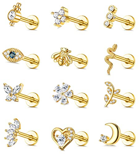 Finrezio 12Pcs 16G Knorpel Tragus Ohrringe für Damen Ohrstecker Set Helix Ohrringe Piercing Ohr Piercing Labret Nasenring Evil Eye Schmetterling Mond Ohrringe Set Piercing Schmuck