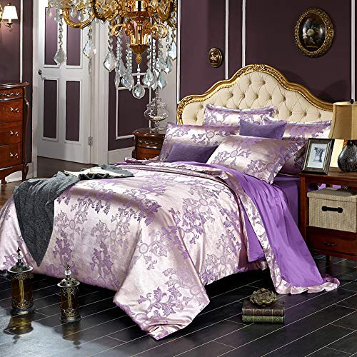 CAZARU Seidenbettwäsche-Set King Size, Doppel-Bettwäsche-Set Lila Baumwolle, Bettwäsche-Set King Size Grau Luxus-Blumen-Doppel-Bettwäsche-Set Gold-Baumwollseide Luxus-Satin-Jacquard 4-TLG
