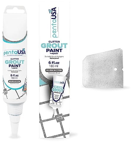 PentaUSA Grout - Glitter Grout for Tiles, Ready Mixed Grout, Gliterred Shiny Grouting Set with Grout Floater (180 ml) (SILVER)