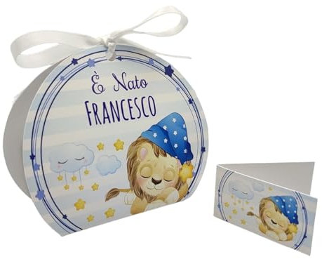 PV Grafik® 24+24 Scatoline Portaconfetti Nascita Battesimo Bimbo – Bomboniere Personalizzate con Leoncino e Bigliettini – Tema Notte Stellata – Scatole Confetti per Baby Shower (Tunna56)